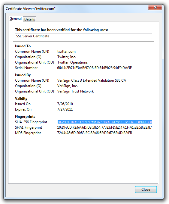 Screenshot of SHA-256 Certificate Viewer Overlay