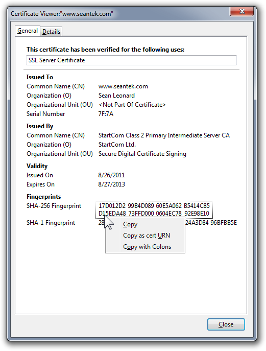 Screenshot of SHA-256 Certificate Viewer Overlay